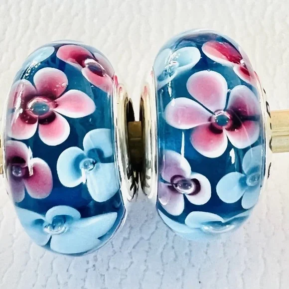 Pandora Jewelry Pandora Pair Of Blue And Pink Flower Murano